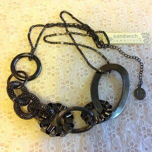 Vintage NEW Sandwich Jewellery Black Metal Pendant VTG Art Deco Necklace